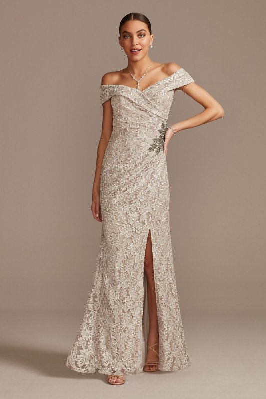 Off the Shoulder Lace Gown with Embellished Detail 81122267