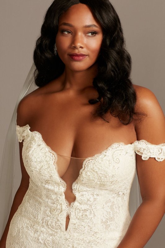 Off Shoulder Plunging Plus Size Lace Wedding Dress 9SWG855