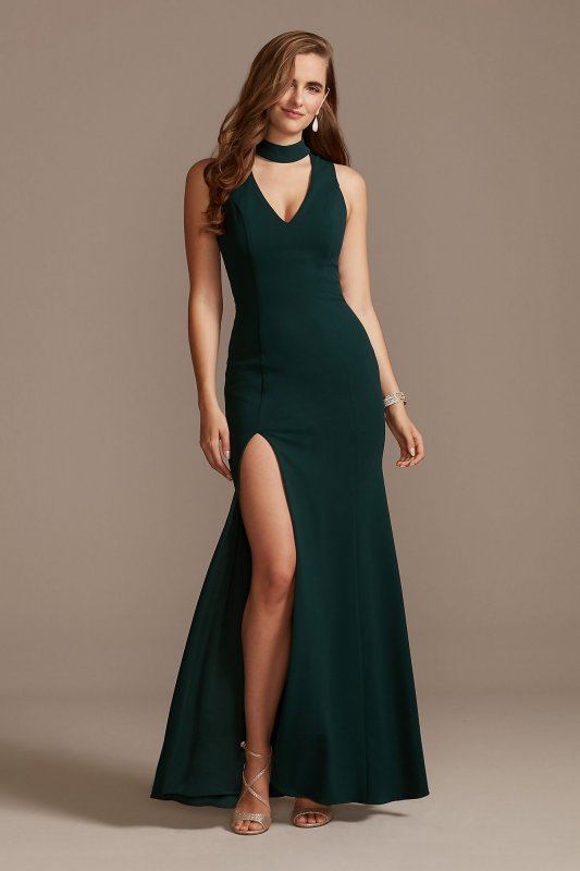 Plunging V-Neck Cutout Choker Dress with Slit A23206