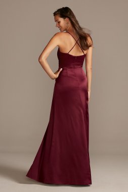 Shiny Charmeuse Cowl Neck Slip Dress with Slit DS270091