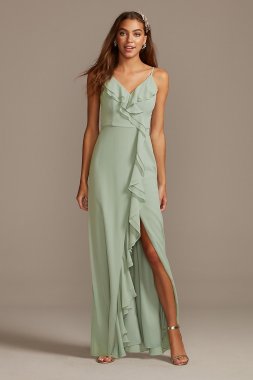 Ruffle Spaghetti-Strap Chiffon Dress with Slit DS270094