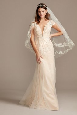 Floral Applique Tulle Cap Sleeve Wedding Dress MS251218