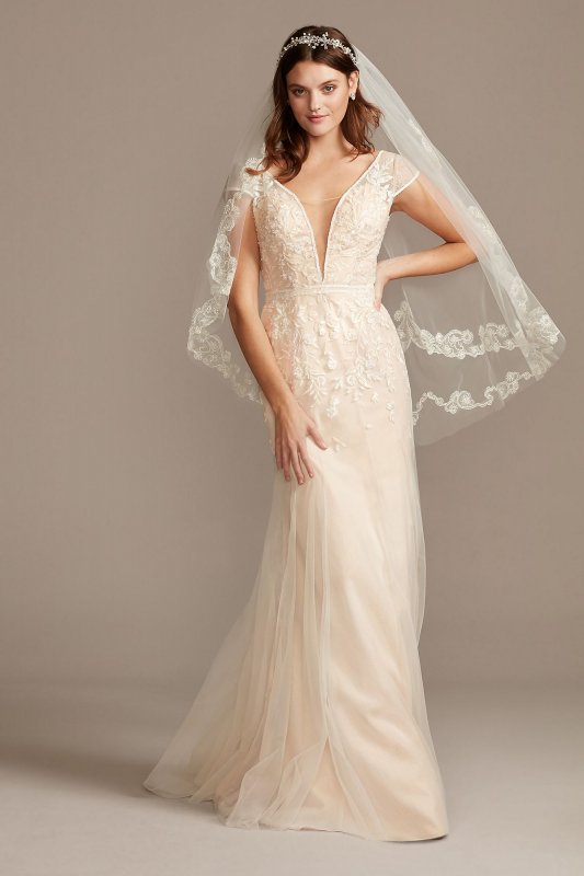 Floral Applique Tulle Cap Sleeve Wedding Dress MS251218