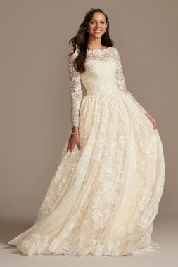 Long Sleeve Beaded Lace Folded Skirt Wedding Dress SLCWG780