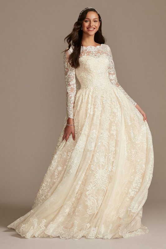 Long Sleeve Beaded Lace Folded Skirt Wedding Dress SLCWG780