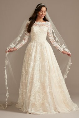 Long Sleeve Beaded Lace Folded Skirt Wedding Dress SLCWG780