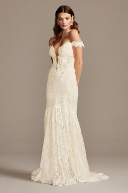 Off Shoulder Plunging Illusion Lace Wedding Dress SWG855