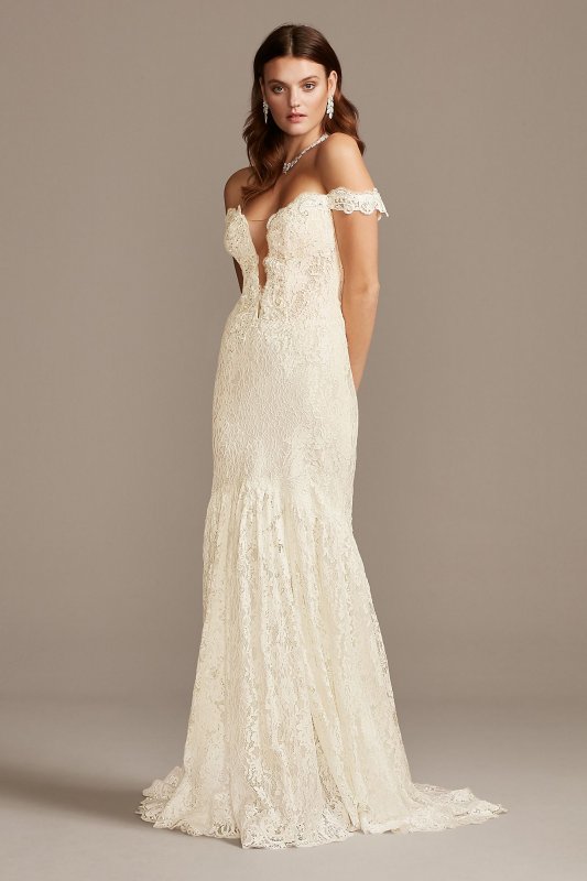 Off Shoulder Plunging Illusion Lace Wedding Dress SWG855