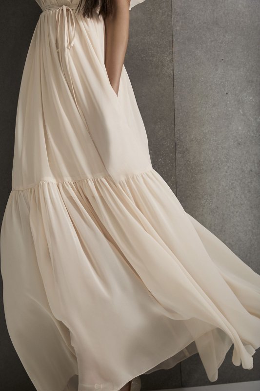 Flutter Sleeve V-Neck Tiered Bridesmaid Dress VW360528