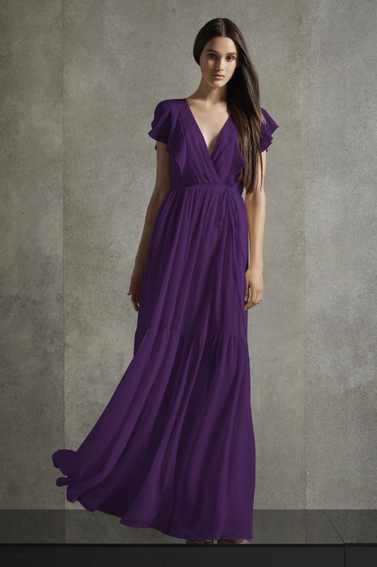 Flutter Sleeve V-Neck Tiered Bridesmaid Dress VW360528