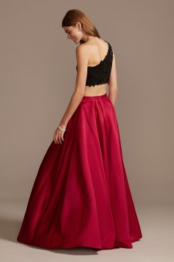 Asymmetric Lace Crop Top and Satin Split Skirt Set WBM1795RW