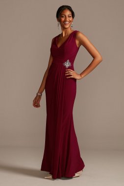 Draped V-Neck Jersey Dress with Crystal Applique WBM19059
