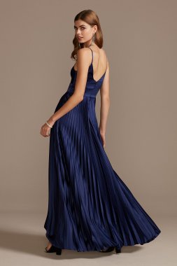 Accordion Pleated Satin Spaghetti Strap Gown WBM2066