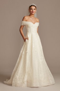 Cuff Off the Shoulder Lace 3D Floral Wedding Dress CWG877