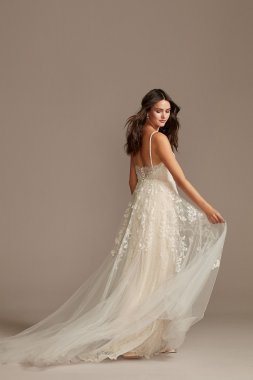 Pleated Lace Wedding Dress with Caged Tulle Skirt MS251229