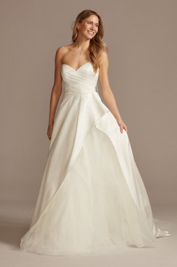Pleated Satin Asymmetric Tulle Hem Wedding Dress WG4006