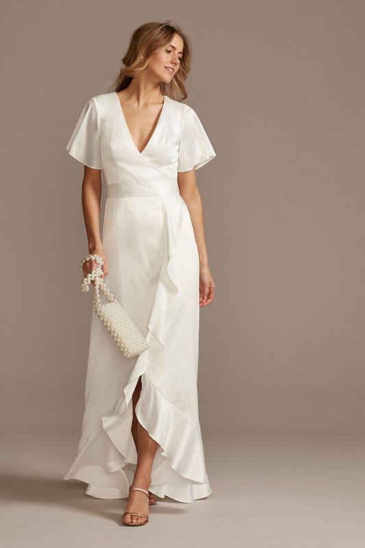 Flutter Sleeve Stretch Satin Dress with Ruffle Hem SDWG0825