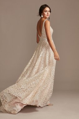 Geometric Sequin Illusion Plunge Wedding Dress SWG863