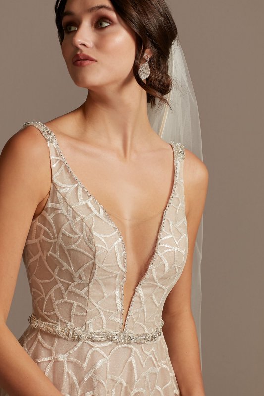 Geometric Sequin Illusion Plunge Wedding Dress SWG863