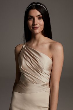 Crepe Bridesmaid Dress with Swags and Slit VW360550