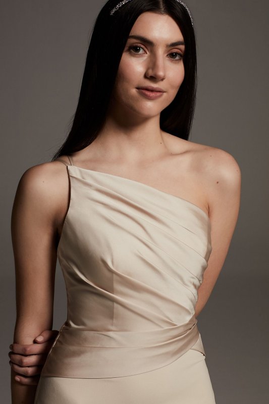 Crepe Bridesmaid Dress with Swags and Slit VW360550