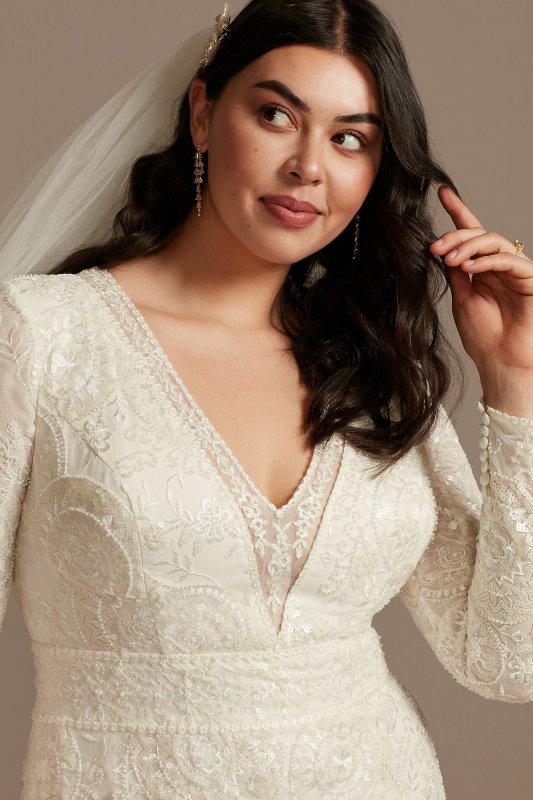 Sequined Plus Size Wedding Dress with Scallop Hem 8MS251236