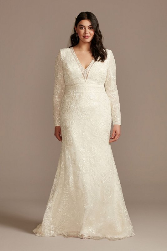 Sequined Plus Size Wedding Dress with Scallop Hem 8MS251236