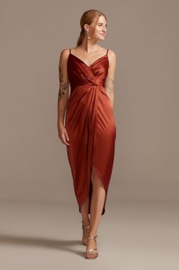 Pleated Bodice Spaghetti Strap Satin Tulip Dress DS270104