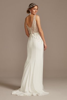 Sheer Plunge Beaded Corset Crepe Wedding Dress SWG865