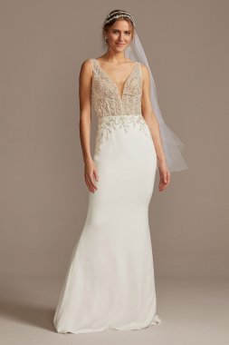 Sheer Plunge Beaded Corset Crepe Wedding Dress SWG865