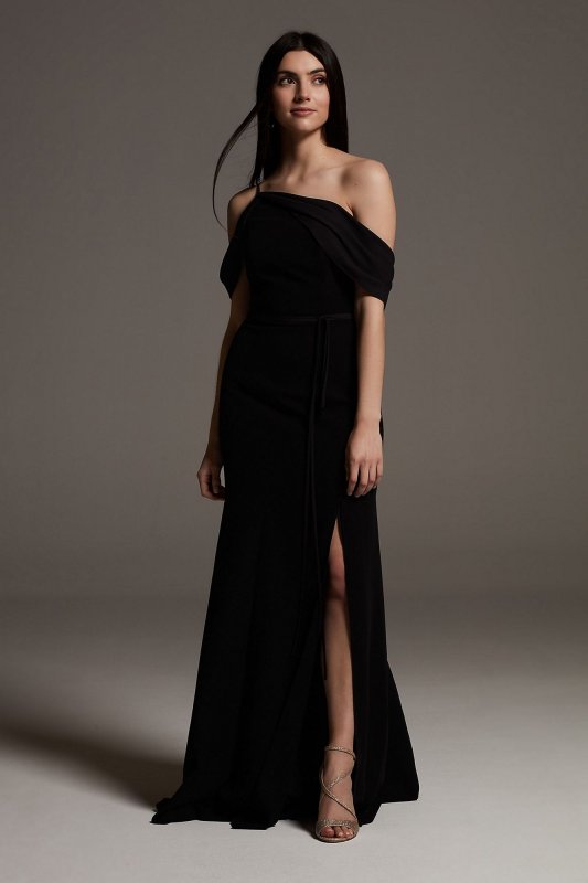 Crepe Bridesmaid Dress with Swags and Slit VW360539