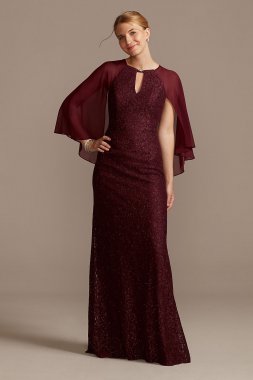 Glitter Lace Sheath Dress with Cape Sleeves WBM2132