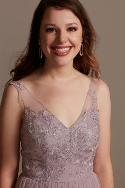 Tank V-Neck Embroidered Soft Net Bridesmaid Dress F20119