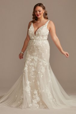 Beaded Lace 3D Floral Plus Tulle Wedding Dress 9SWG897