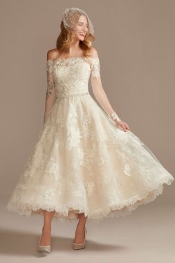Off Shoulder Applique Tea-Length Wedding Dress CWG902