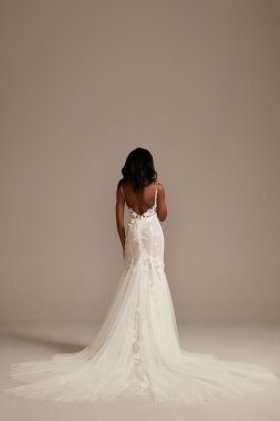 Beaded Lace 3D Floral Plunge Tulle Wedding Dress SWG897