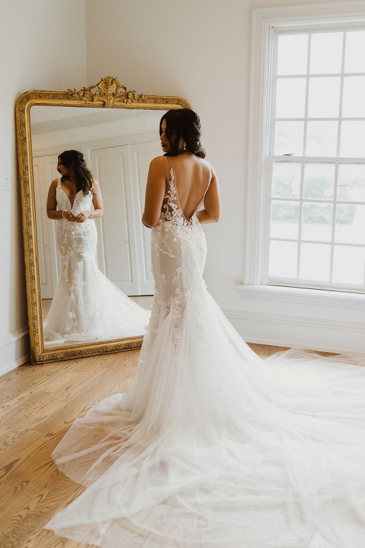 Beaded Lace 3D Floral Plunge Tulle Wedding Dress SWG897