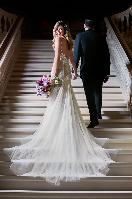 Beaded Lace 3D Floral Plunge Tulle Wedding Dress SWG897
