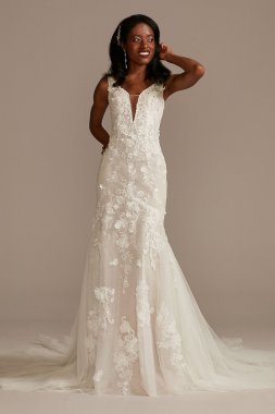 Beaded Lace 3D Floral Plunge Tulle Wedding Dress SWG897