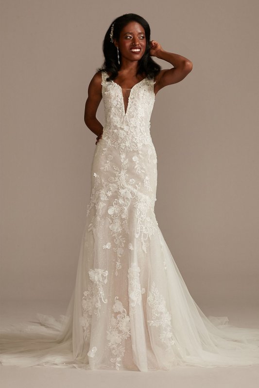 Beaded Lace 3D Floral Plunge Tulle Wedding Dress SWG897