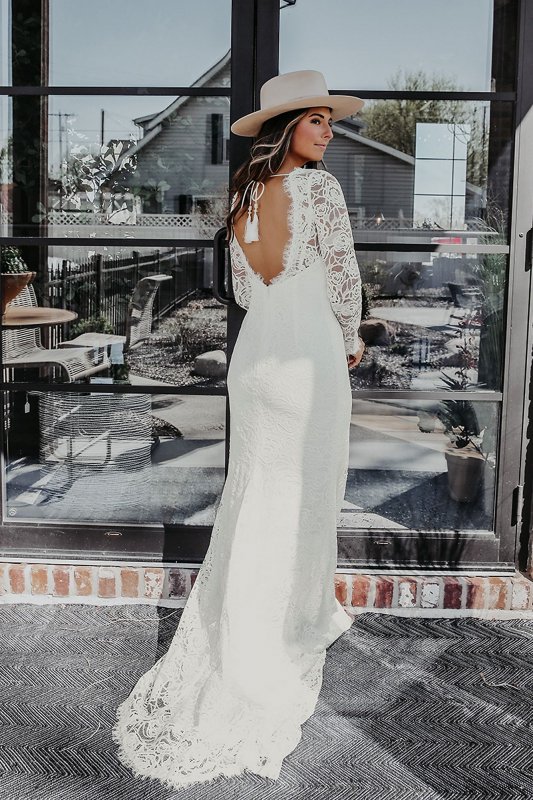 Long Sleeve Lace Wedding Dress with Tassel Tie WG4045