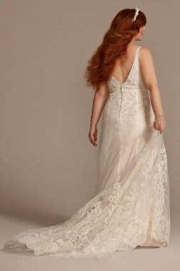 V-Neck Lace Plus Wedding Dress with Scallop Hem 8MS251250