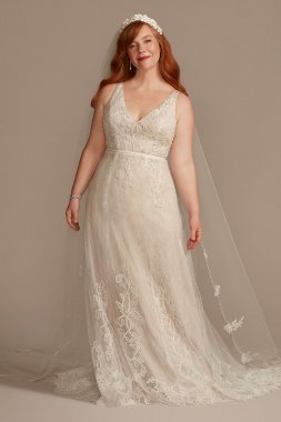 V-Neck Lace Plus Wedding Dress with Scallop Hem 8MS251250