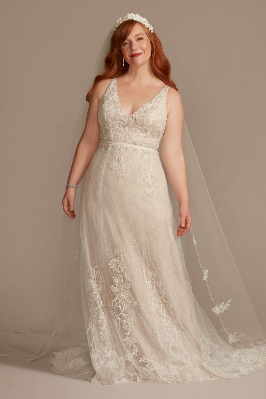 V-Neck Lace Plus Wedding Dress with Scallop Hem 8MS251250