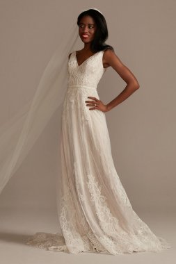 V-Neck Lace Wedding Dress with Scallop Hem MS251250