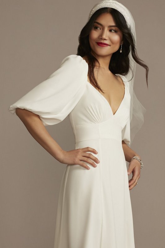 Bubble Sleeve Georgette V-Neck Wedding Dress SDWG0971