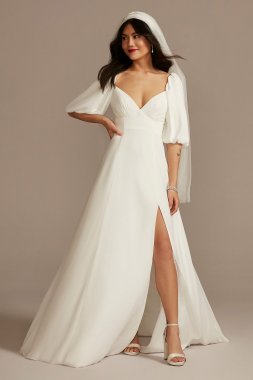 Bubble Sleeve Georgette V-Neck Wedding Dress SDWG0971