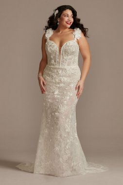 3D Floral Plunge Tall Plus Bodysuit Wedding Dress 4XL9MBSWG885