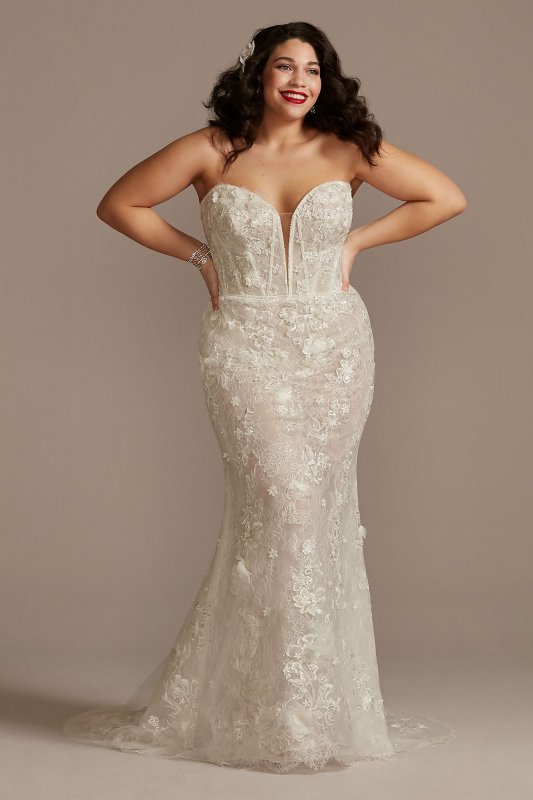 3D Floral Plunge Tall Plus Bodysuit Wedding Dress 4XL9MBSWG885