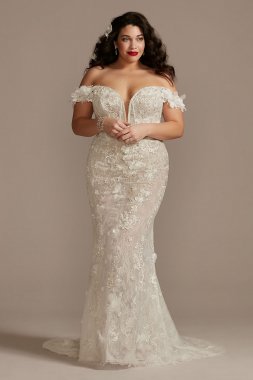 3D Floral Plunge Tall Plus Bodysuit Wedding Dress 4XL9MBSWG885